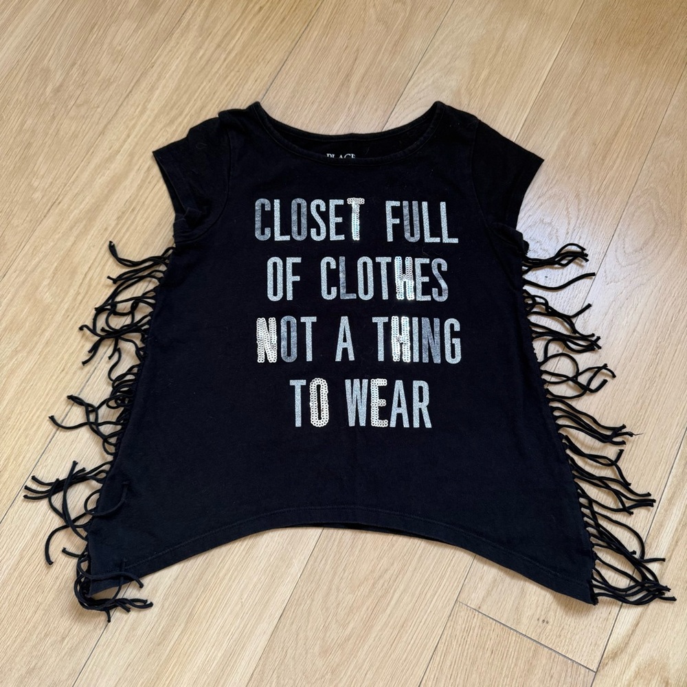 Place Black Short Sleeve Tee with Fringe Details